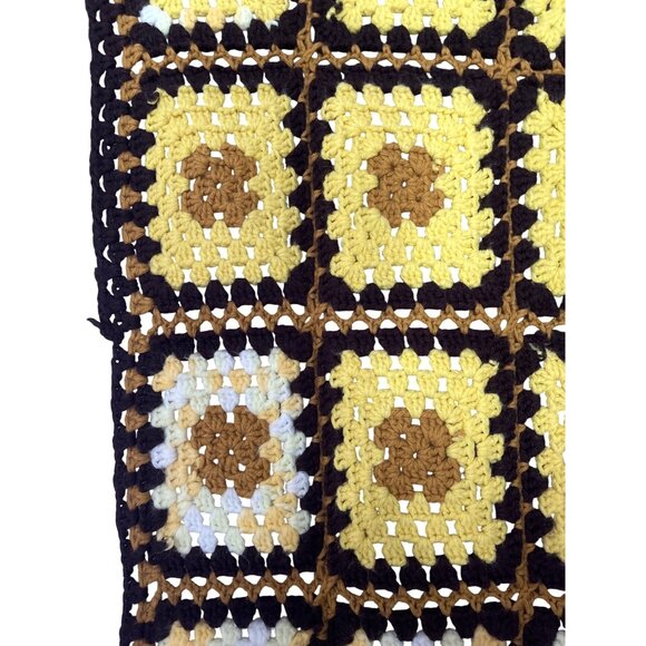 Handmade Crochet Granny Square Throw Blanket Yellow Brown White - Picture 2 of 4